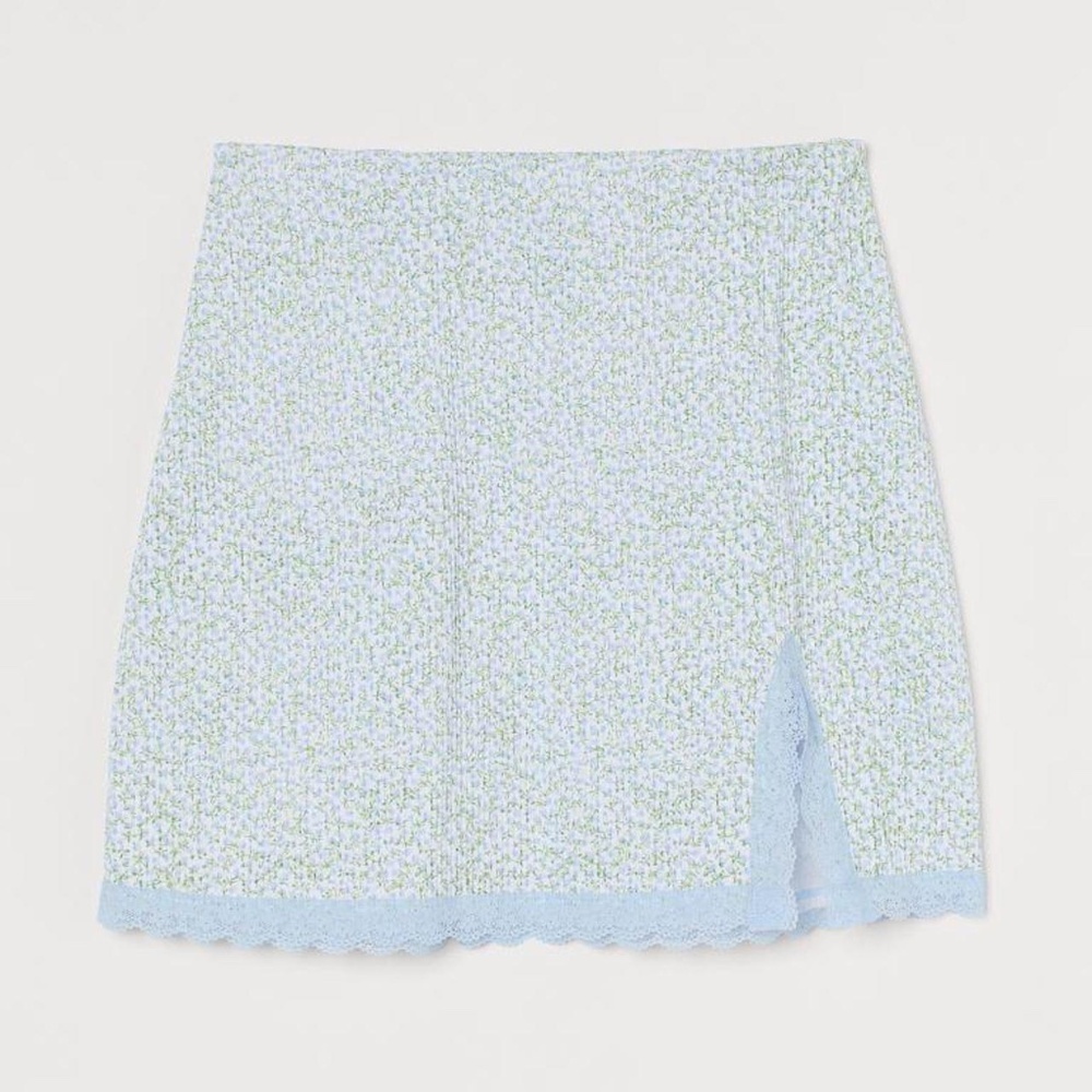 Blue Green Floral Lace-Trim Elastic Waist Mini Skirt Size XXS